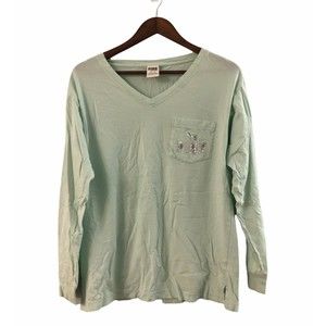 Victoria's Secret Pink Womens T-Shirt Blue Long Sleeve V Neck Pocket Sequin Xs